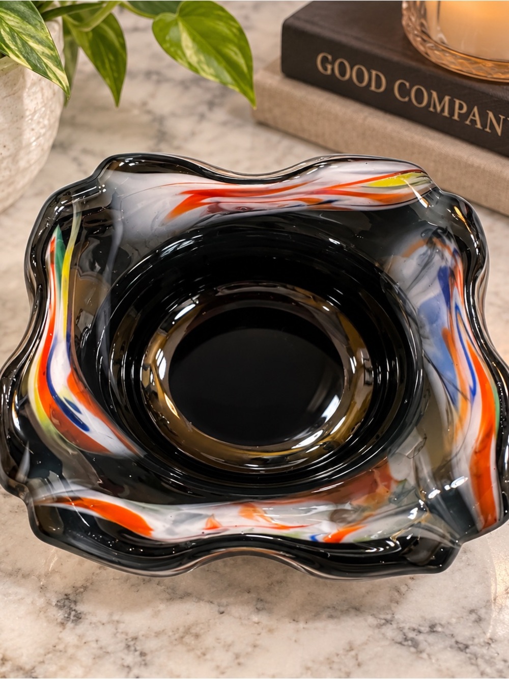 Handblown Glass Decorative Bowl/Ashtray in Black with Multicolor Swirls